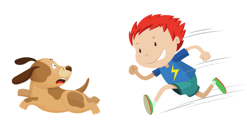 Children and Dogs scared dog running away from energetic child running at the dog