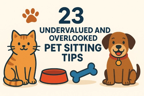 cat and dog with an paw print, bone, and bowl with text expressing pet sitting tips