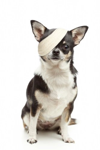 Eye, Ear, and Facial Damage dog with injured eye indicated by a bandage in the shape of eye patch