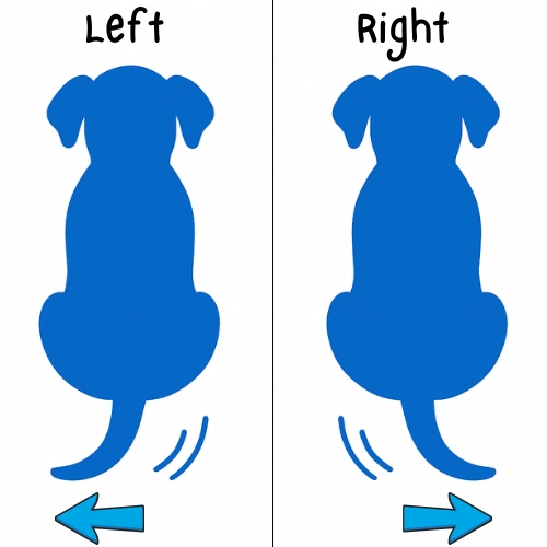 Tail Wagging Asymmetry mirrored image of two blue dog illustrations with tail wagging left and tail wagging right with the words "Left" and "Right" displayed above the images