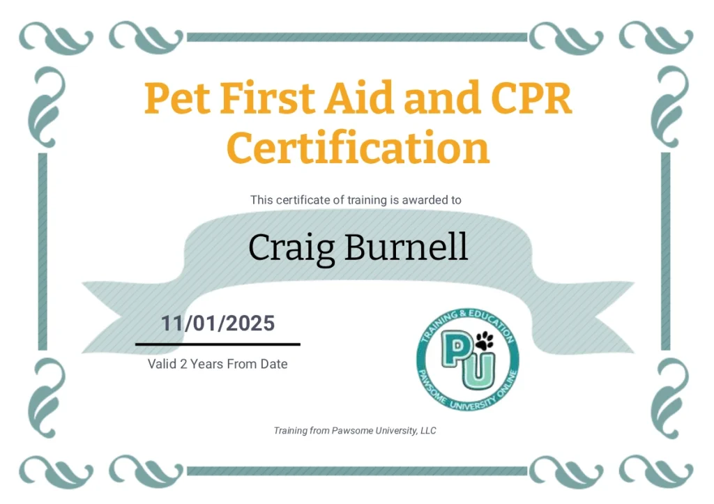 Pet First Aid and CPR Certification Certificate