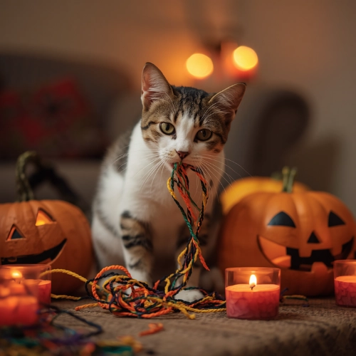 AI-generated image of a cat eating Halloween decoration