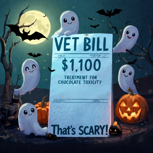 Halloween-themed expensive vet bill for treatment of chocolate toxicity