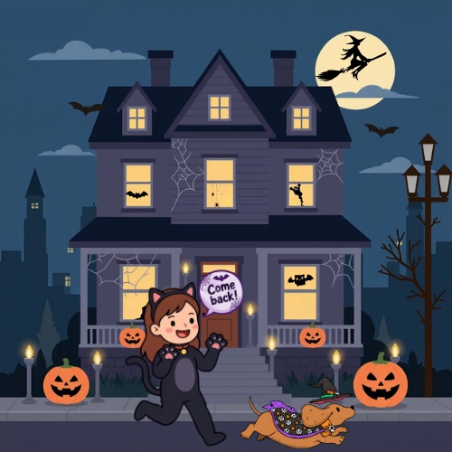 Halloween lost pet image of a dog running away in a costume with the owner chasing the dog