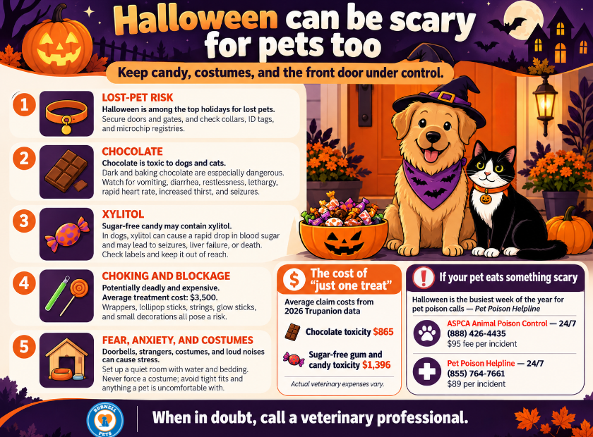Infographic showing Halloween pet safety tips for dogs and cats